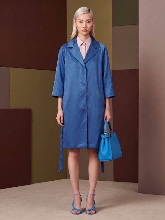 La Reine Blanche Jackets & Blazers - Royal Blue Satin Trench Coat Dress Belted 3/4 Sleeves Lined